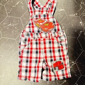 VINTAGE Disney Lightening McQueen Red and Black Plaid Kids Overalls